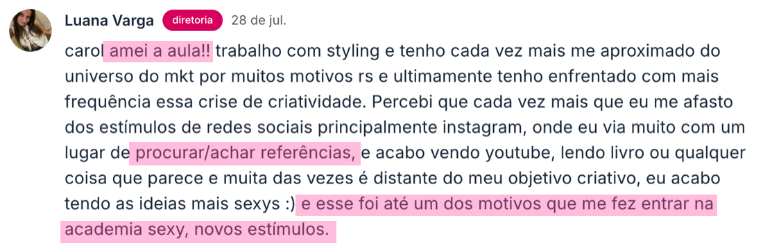 Depoimento de aluna na comunidade da Academia Sexy Minds