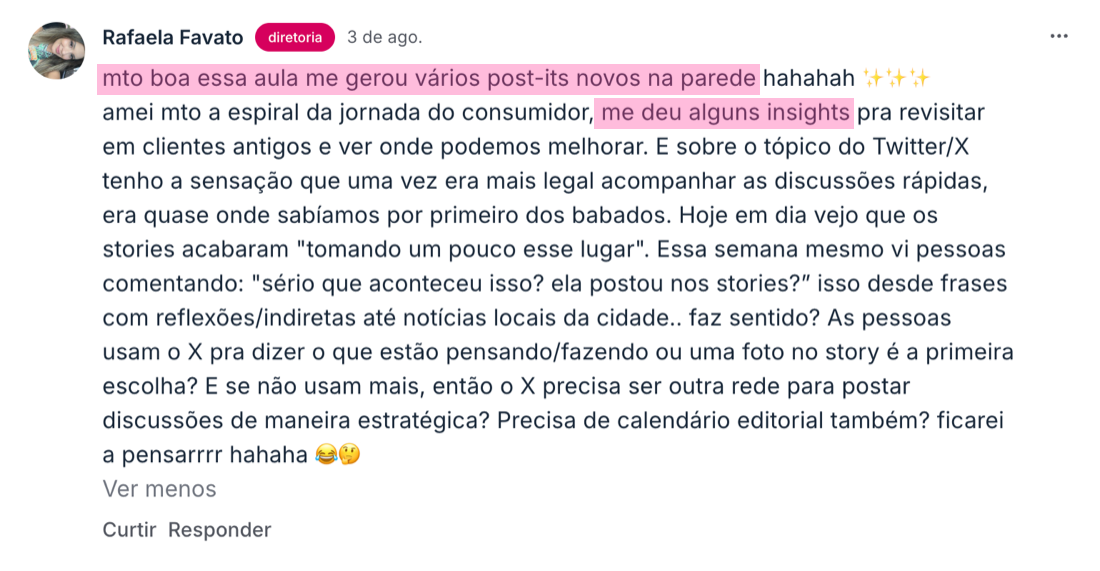 Depoimento de aluna na comunidade da Academia Sexy Minds
