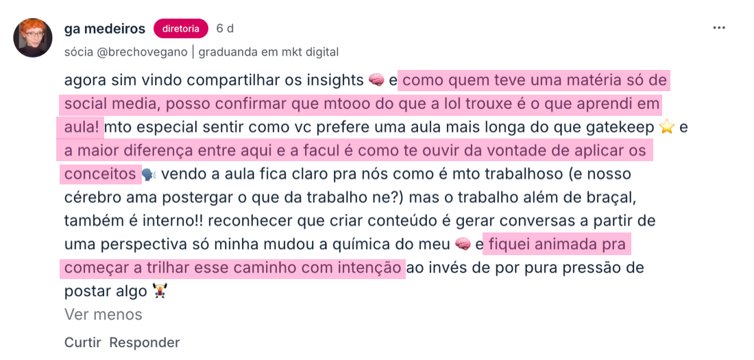 Depoimento de aluna na comunidade da Academia Sexy Minds