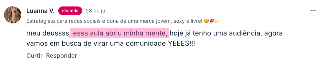 Depoimento de aluna na comunidade da Academia Sexy Minds