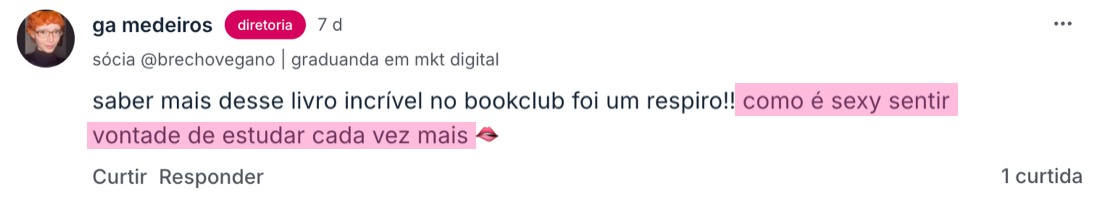 Depoimento de aluna na comunidade da Academia Sexy Minds