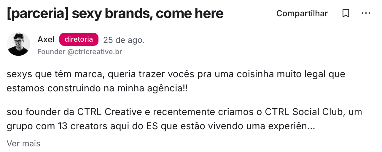 Post de parceria convidando marcas da comunidade