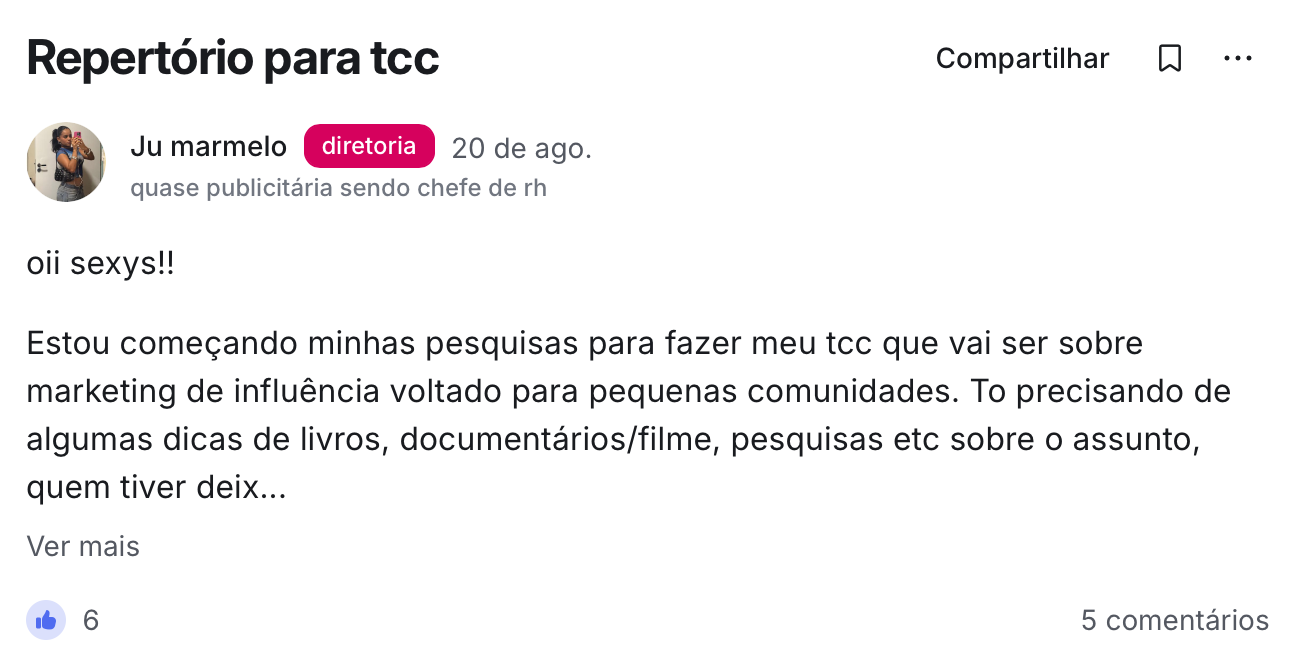 Post de aluna pedindo repertório para o TCC